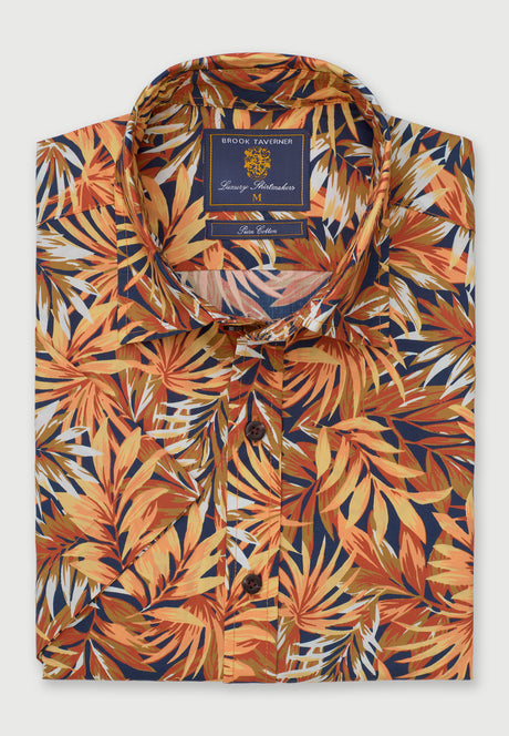 Regular Fit Ochre Tropical Palm Leaf Print Short Sleeve Shirt