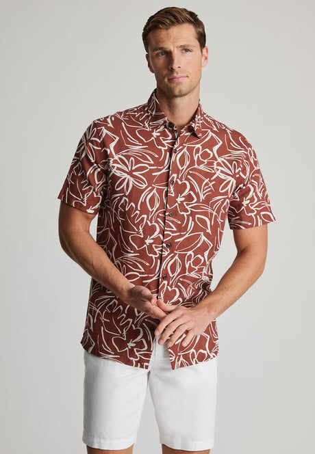 Regular Fit Rust Floral Line Print Linen Cotton Short Sleeve Shirt
