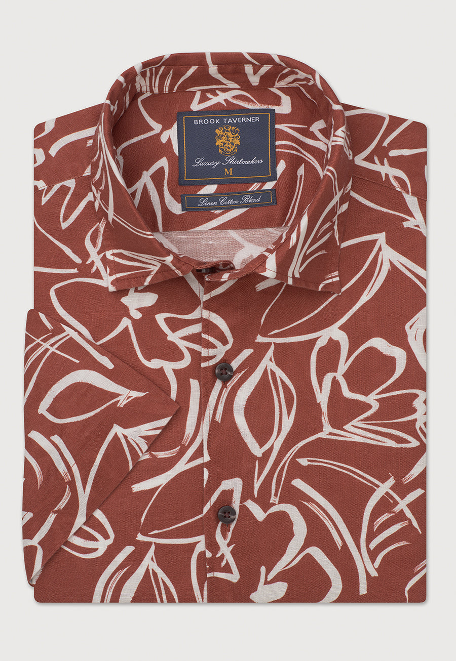 Regular Fit Rust Floral Line Print Linen Cotton Short Sleeve Shirt