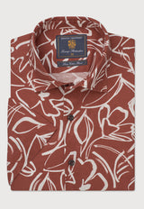 Regular Fit Rust Floral Line Print Linen Cotton Short Sleeve Shirt