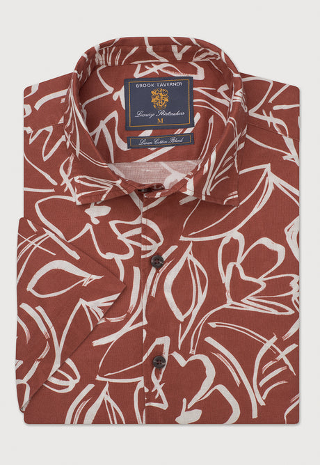 Regular Fit Rust Floral Line Print Linen Cotton Short Sleeve Shirt