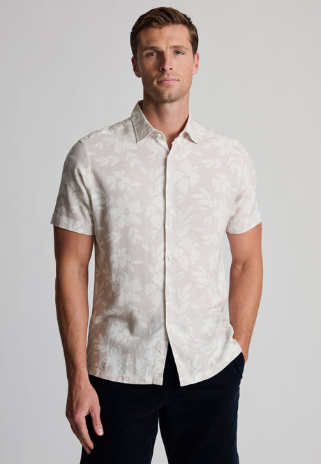 Regular Fit Stone Oversized Floral Print Linen Cotton Short Sleeve Shirt