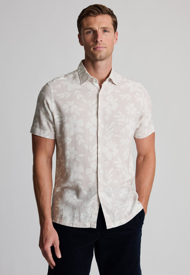 Regular Fit Stone Oversized Floral Print Linen Cotton Short Sleeve Shirt