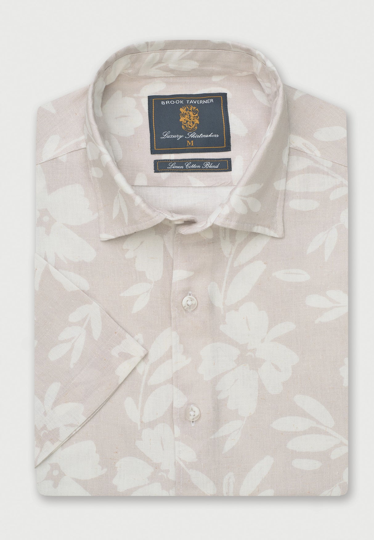 Regular Fit Stone Oversized Floral Print Linen Cotton Short Sleeve Shirt