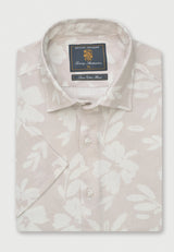 Regular Fit Stone Oversized Floral Print Linen Cotton Short Sleeve Shirt