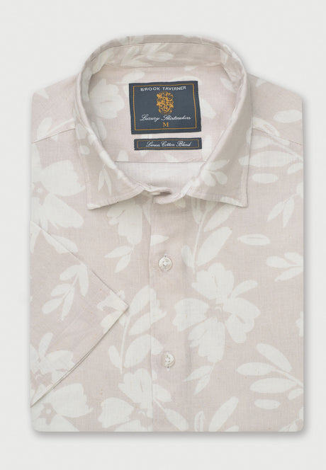 Regular Fit Stone Oversized Floral Print Linen Cotton Short Sleeve Shirt