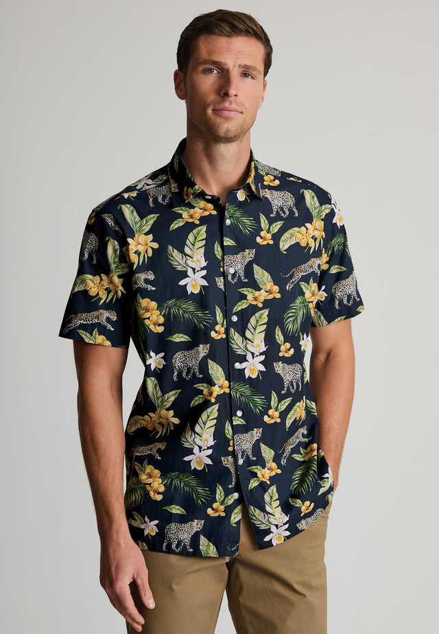 Regular Fit Black Leopard Short Sleeve Shirt