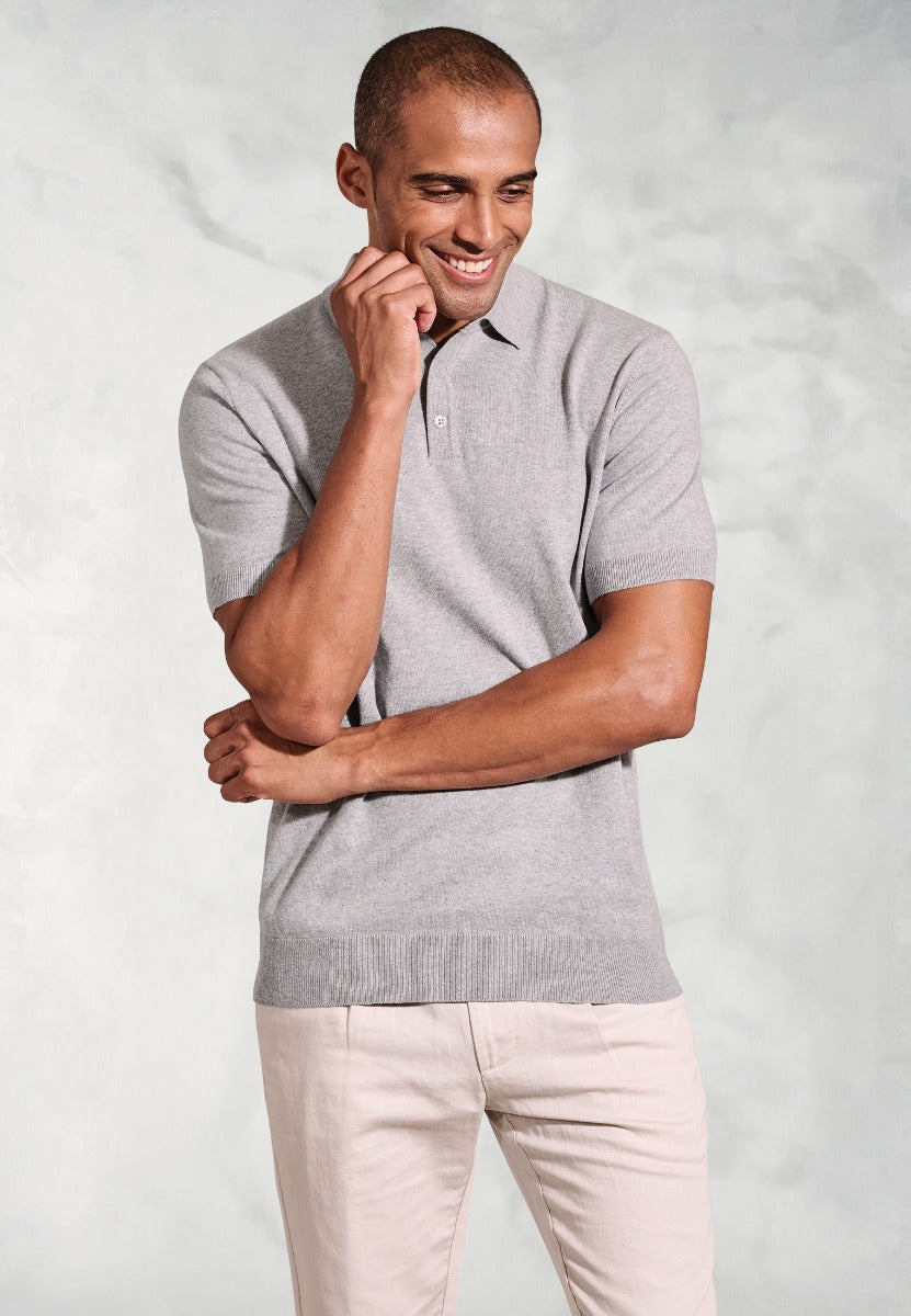 Lancaster Grey Knitted Pure Cotton Polo Shirt