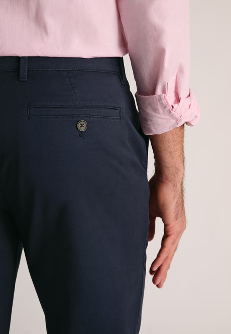 Tailored Fit Leo Navy Stretch Cotton Chinos - fabric detail