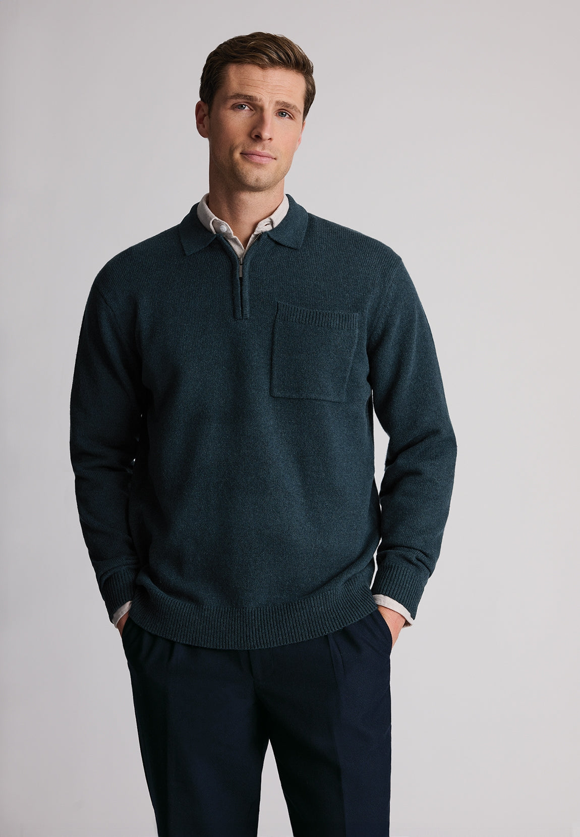 Loxton Teal Lambswool Blend Long Sleeve Quarter Zip Polo Shirt