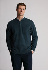 Loxton Teal Lambswool Blend Long Sleeve Quarter Zip Polo Shirt