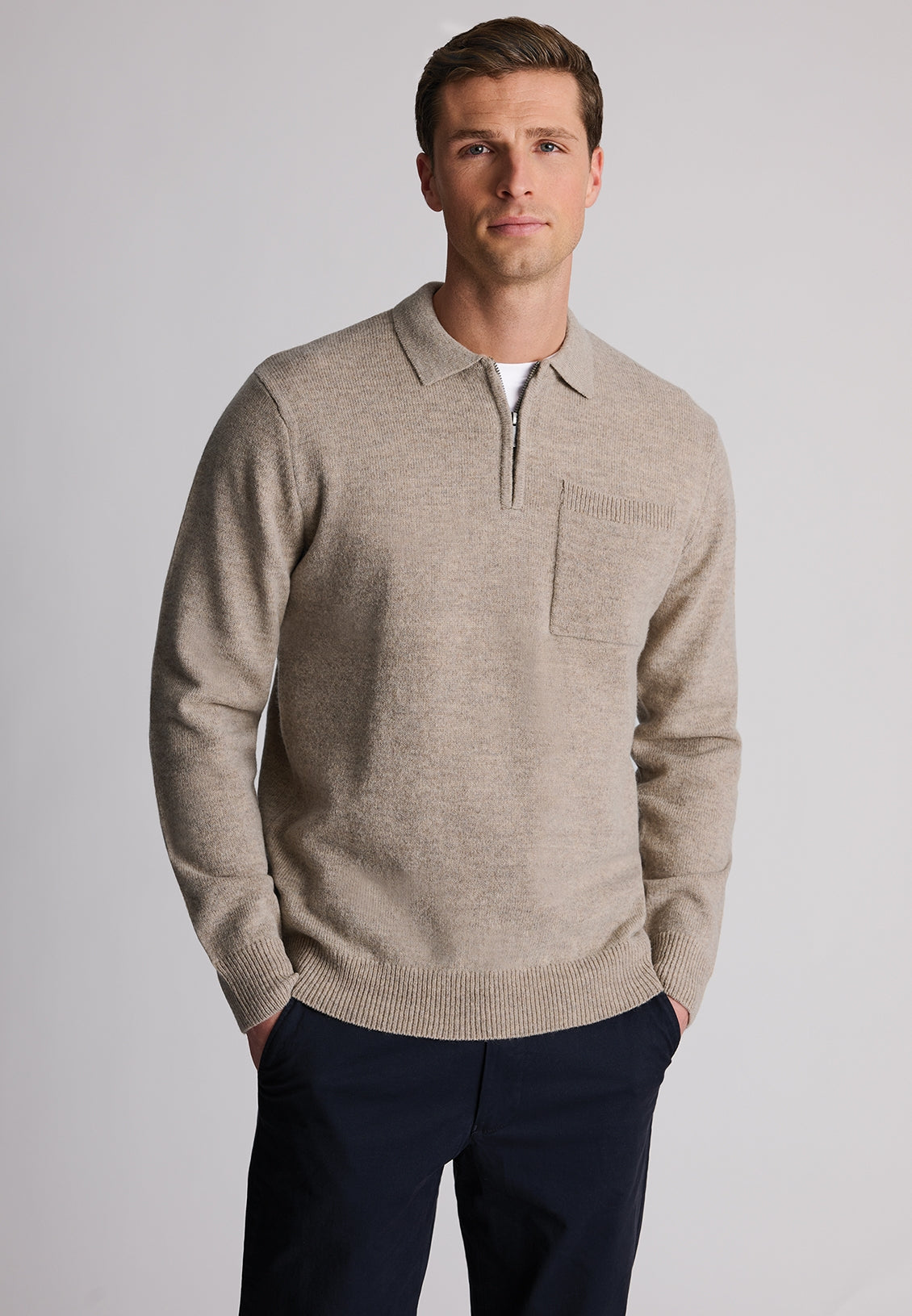 Loxton Stone Lambswool Blend Long Sleeve Quarter Zip Polo Shirt