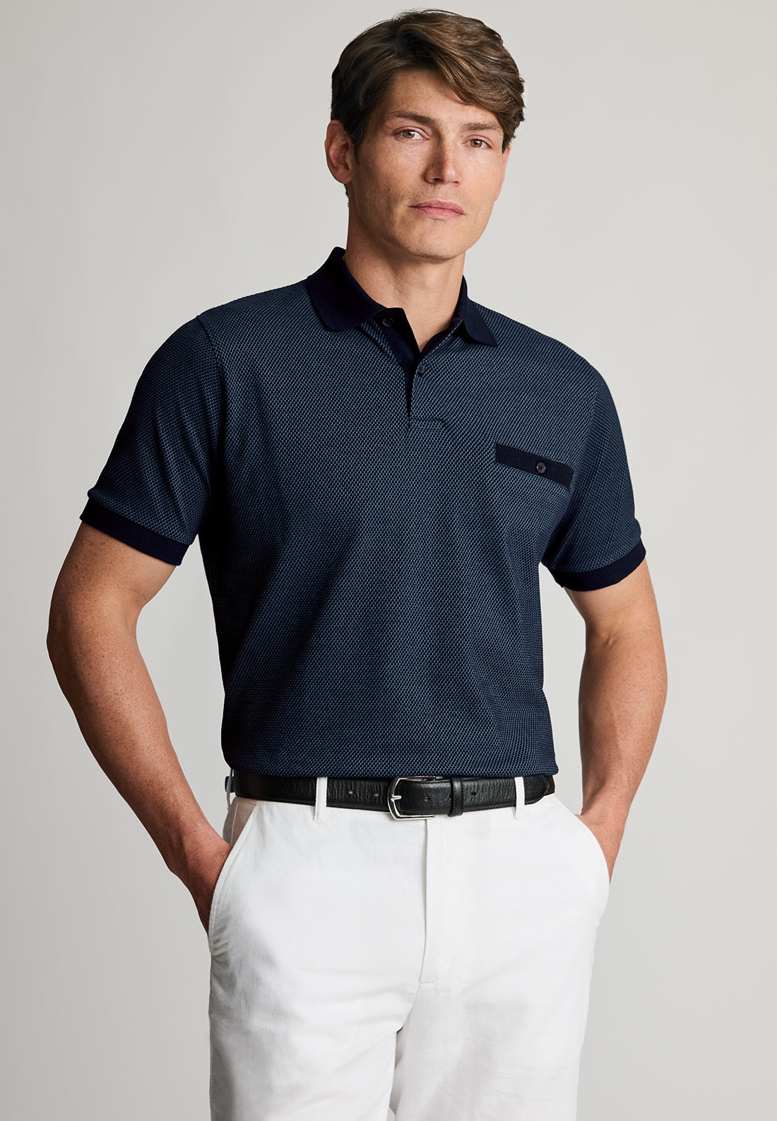 Oakworth Navy Two Tone Textured Cotton Polo Shirt