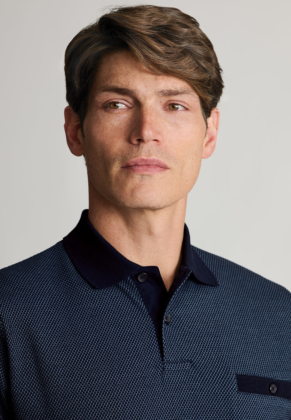 Oakworth Navy Two Tone Textured Cotton Polo Shirt