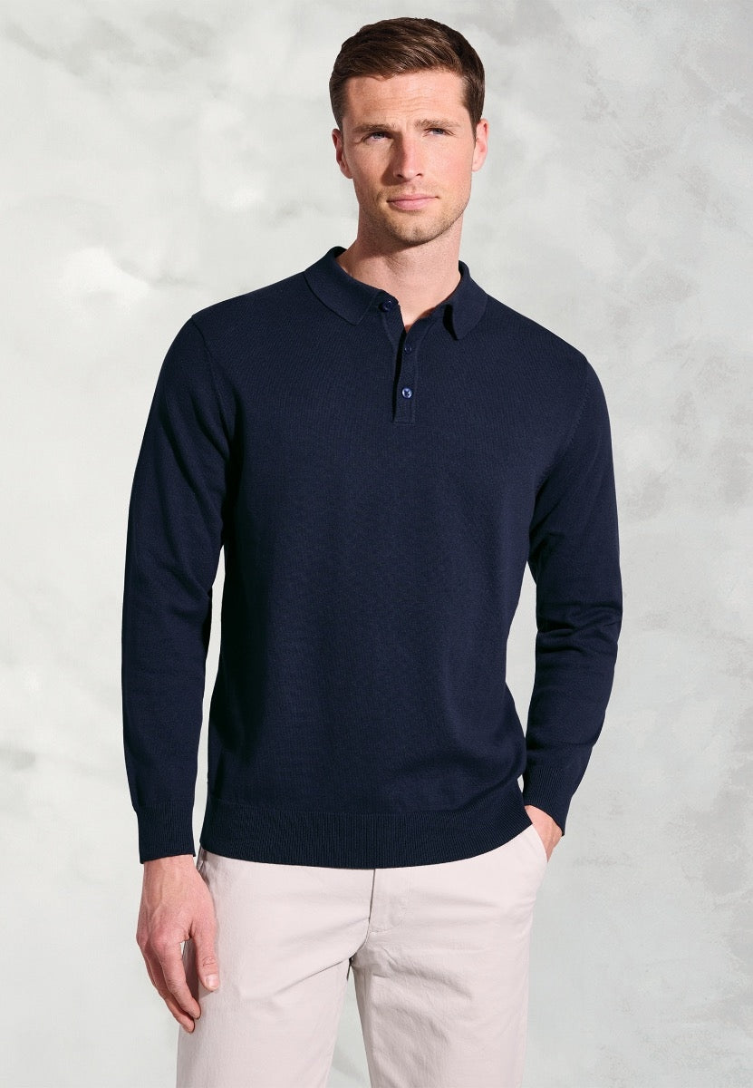 Paris Navy Cotton Merino Long Sleeve Polo Shirt