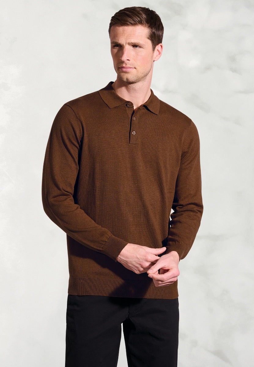 Paris Copper Cotton Merino Long Sleeve Polo Shirt