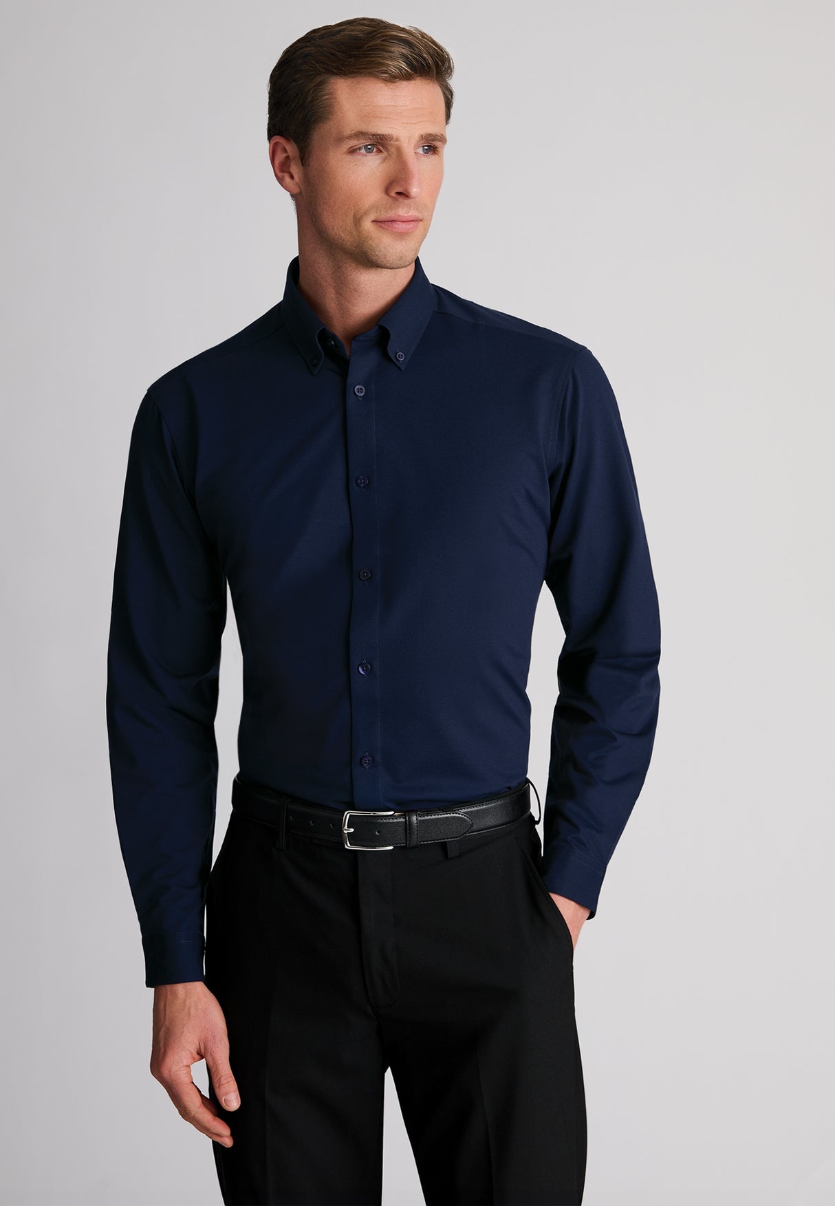 Tailored Fit Navy Pique Cotton Blend Shirt