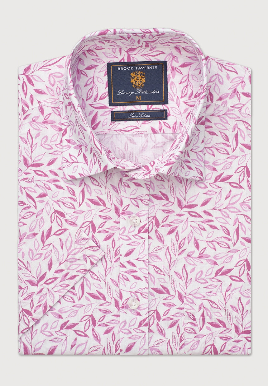Regular Fit Mauve Botanical Print Slub Cotton Short Sleeve Shirt
