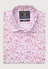 Regular Fit Mauve Botanical Print Slub Cotton Short Sleeve Shirt