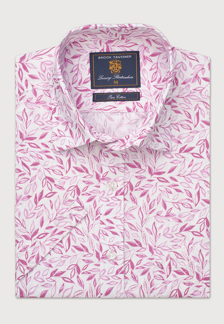Regular Fit Mauve Botanical Print Slub Cotton Short Sleeve Shirt