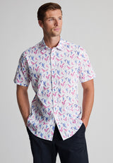 Regular Fit Pink Bird Print Short Sleeve Shirt