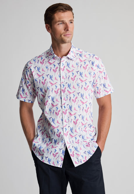 Regular Fit Pink Bird Print Short Sleeve Shirt