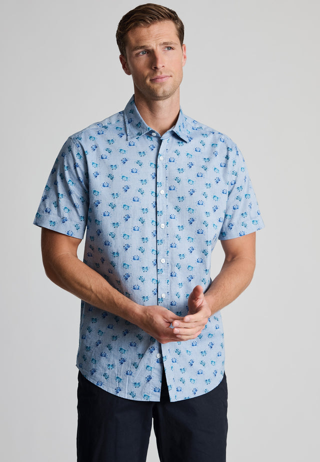 Regular Fit Blue Crab Print Short Sleeve Shirt