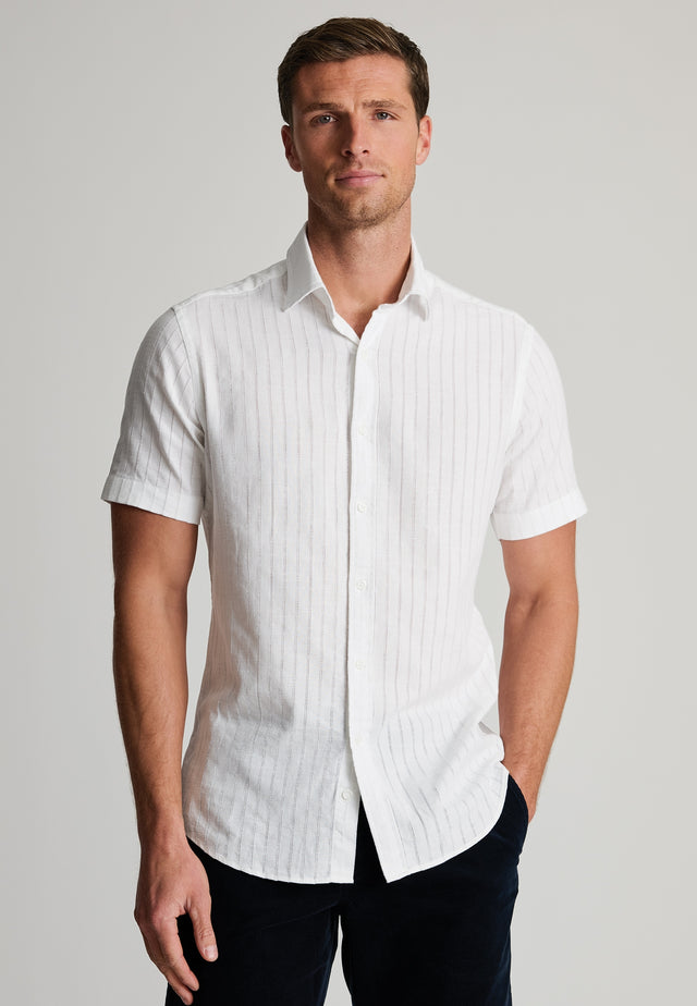 Regular Fit White Leno Stripe Short Sleeve Shirt