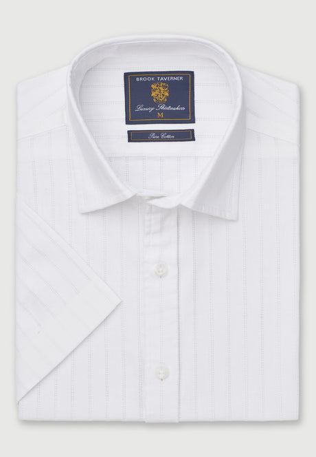 Regular Fit White Leno Stripe Short Sleeve Shirt