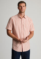 Regular Fit Red Cotton Slub Stripe Short Sleeve Shirt