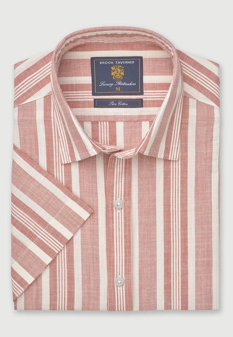 Regular Fit Red Cotton Slub Stripe Short Sleeve Shirt